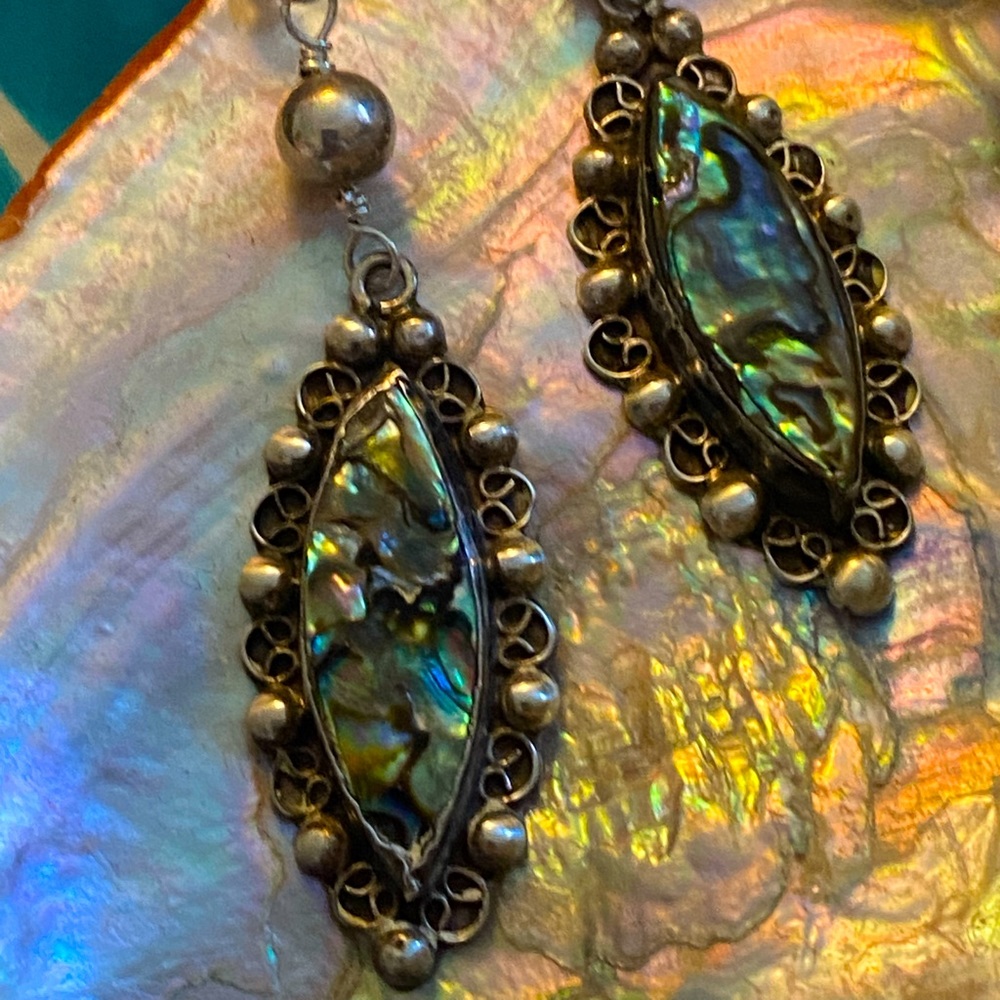 Vintage 925 Signed abalone Mexican dangle earrings
